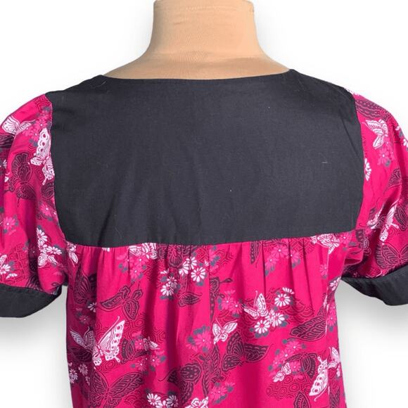 Vintage RM Made in Hawaii Pink Butterfly Dress Black Trim Square Neck Ruffle Hem - Picture 6 of 9